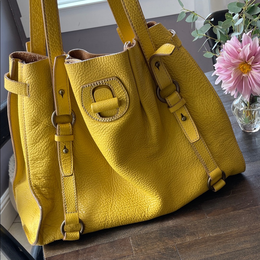 J Crew Borge Garveri Yellow Pebbled Leather Tote Bag - Picture 2 of 12